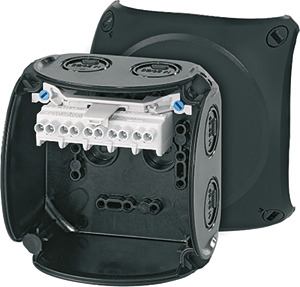 KF 0404 B Puszka do inst. zewn., czarna, IP 66/67, 104x104x70, z zac. 5-bieg., 4 mm2, Cu` - 62000050 - HENSEL