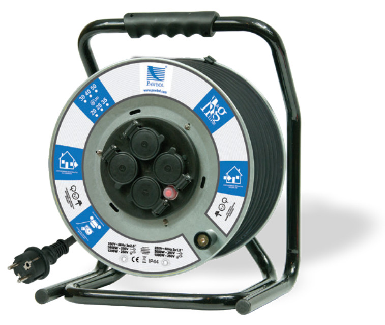 PRZEDŁUŻACZ NA BĘBNIE METALOWYM H05RR F 3X2,5 - 50M, 4XGZ16A (250V)IP44. - B.1122-50 - PAWBOL