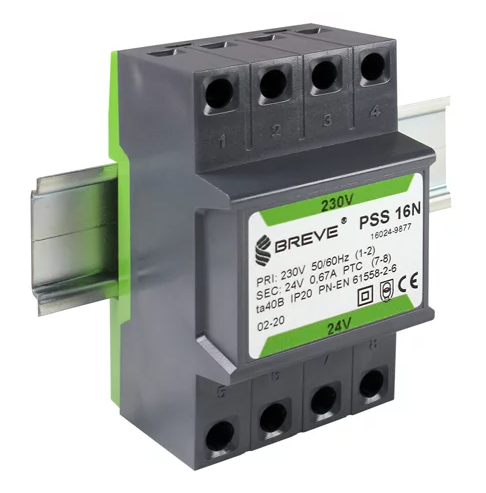 TRANSFORMATOR JEDNOFAZOWY IP30 NA SZYNĘ TH35 W OBUDOWIE MODUŁOWEJ Z ZABEZPIECZENIEM PSS 16N 230/ 24V - 16024-9877 - BREVE