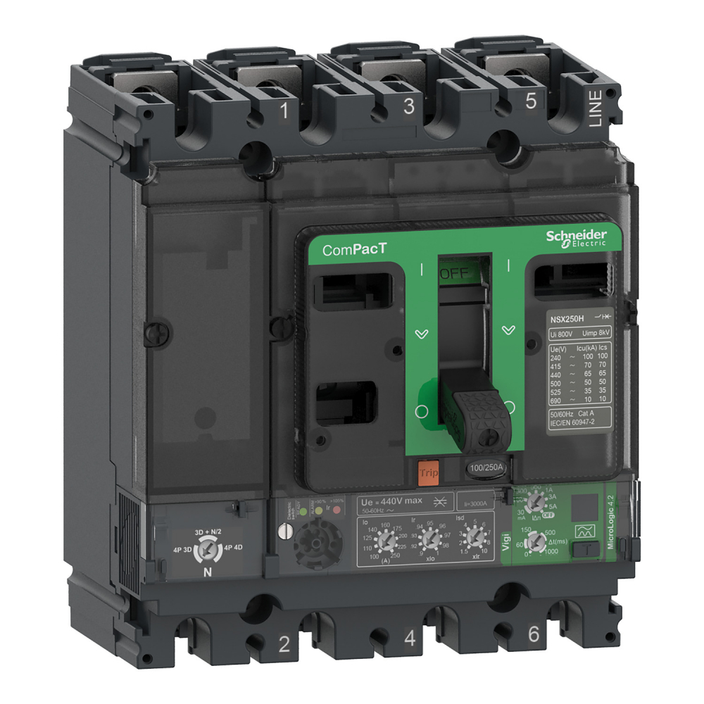 ComPacT NSX, wyłącznik NSX250F, 36 kA, 415 VAC z MicroLogic 4.2 Vigi, 250 A, 4p 4d - C25F44V250 - SCHNEIDER ELECTRIC