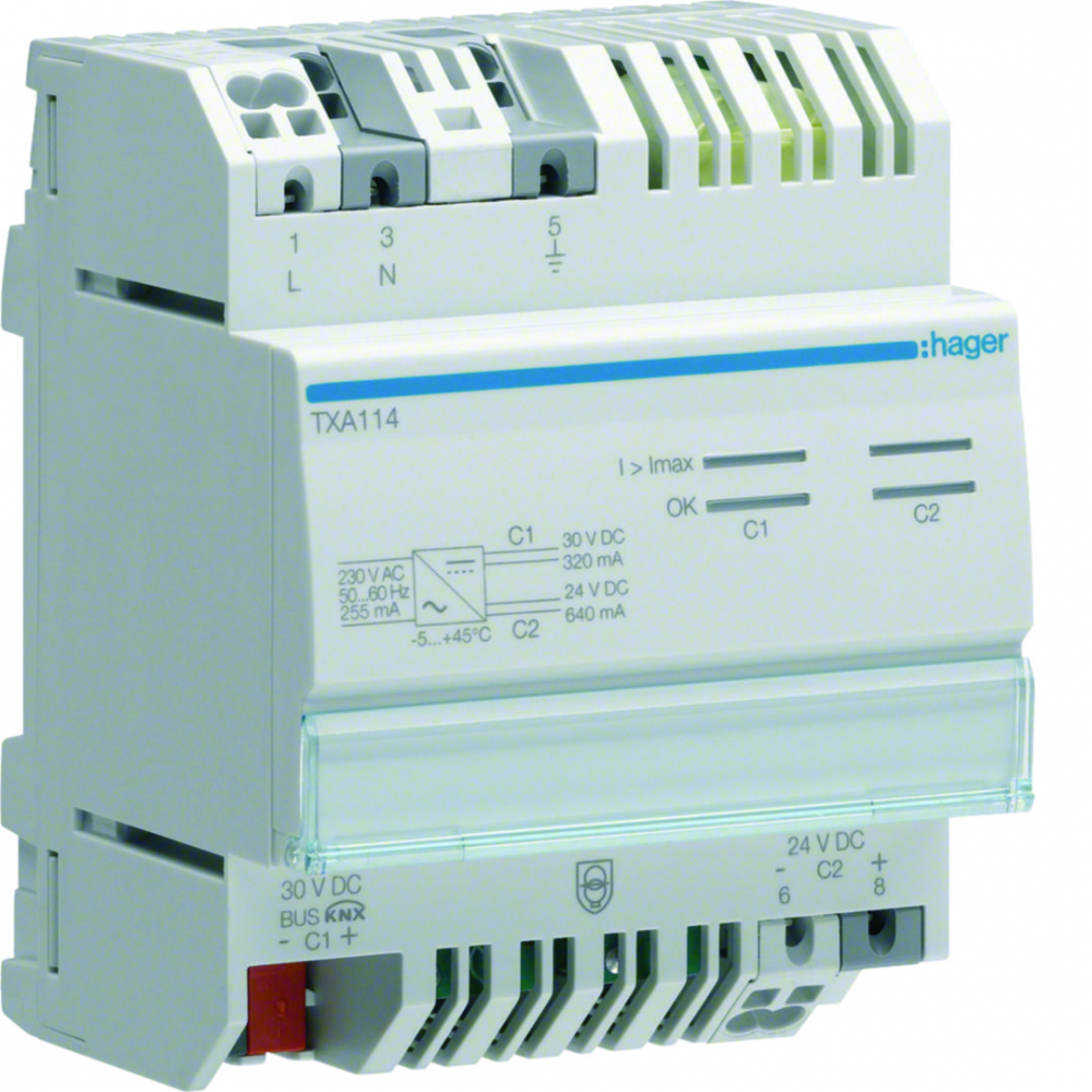 ZASILACZ KNX 1 X 30 V DC 320 MA + 1 X 24 V DC 640 MA KNX E/S. - TXA114 - HAGER