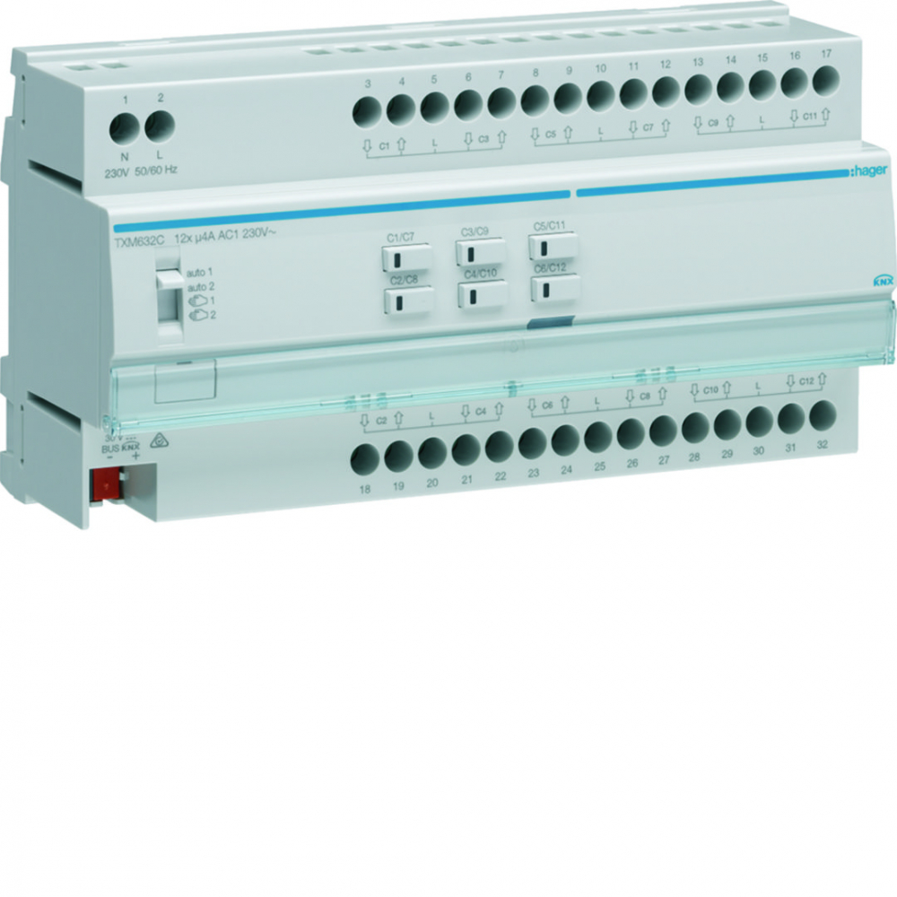 Sterownik żaluzjowy/roletowy, 12-krotny, 230 V AC, 10 moduułów KNX e/s. - TXM632C - HAGER