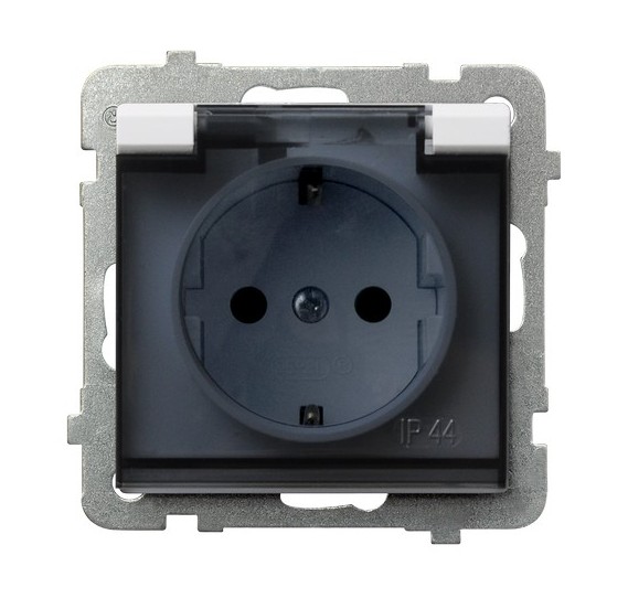 Gniazdo bryzgoszczelne z uziemieniem schuko IP-44 wieczko przezroczyste 16A/250~, IP-44, zaciski gwintowe BIAŁY MAT SONATA - GPH-1RS/m/75/d - OSPEL