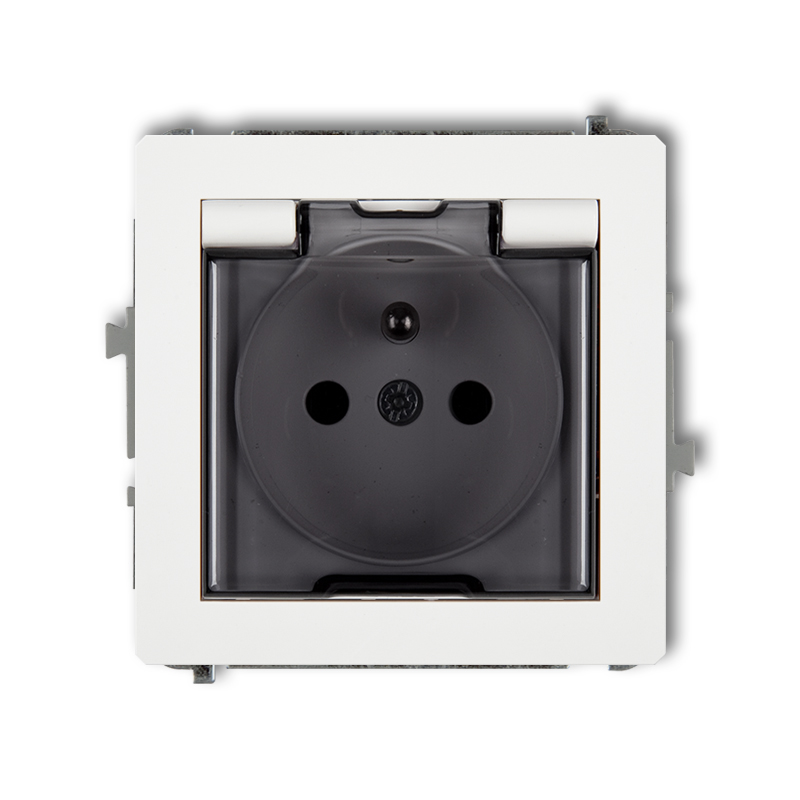 Mechanizm gniazda bryzgoszczelnego z uziemieniem 2P+Z (klapka dymna, przesłony torów prądowych) podtynkowy IP 44, 16A 250V~ DECO biały mat - 25DGPB-1zdp - KARLIK
