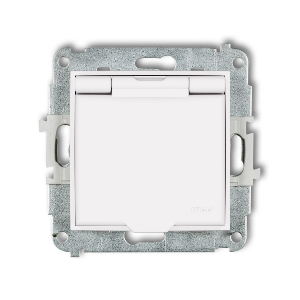 Mechanizm gniazda bryzgoszczelnego z uziemieniem 2P+Z (klapka biały mat, przesłony torów prądowych) podtynkowy IP 44, 16A 250V~ MINI biały mat - 25MGPB-1zp - KARLIK