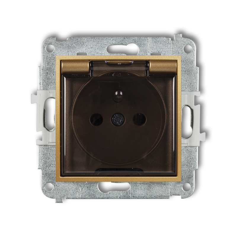 Mechanizm gniazda bryzgoszczelnego z uziemieniem 2P+Z (klapka dymna, przesłony torów prądowych) podtynkowy IP 44, 16A 250V~ MINI złoty - 29MGPB-1zdp - KARLIK