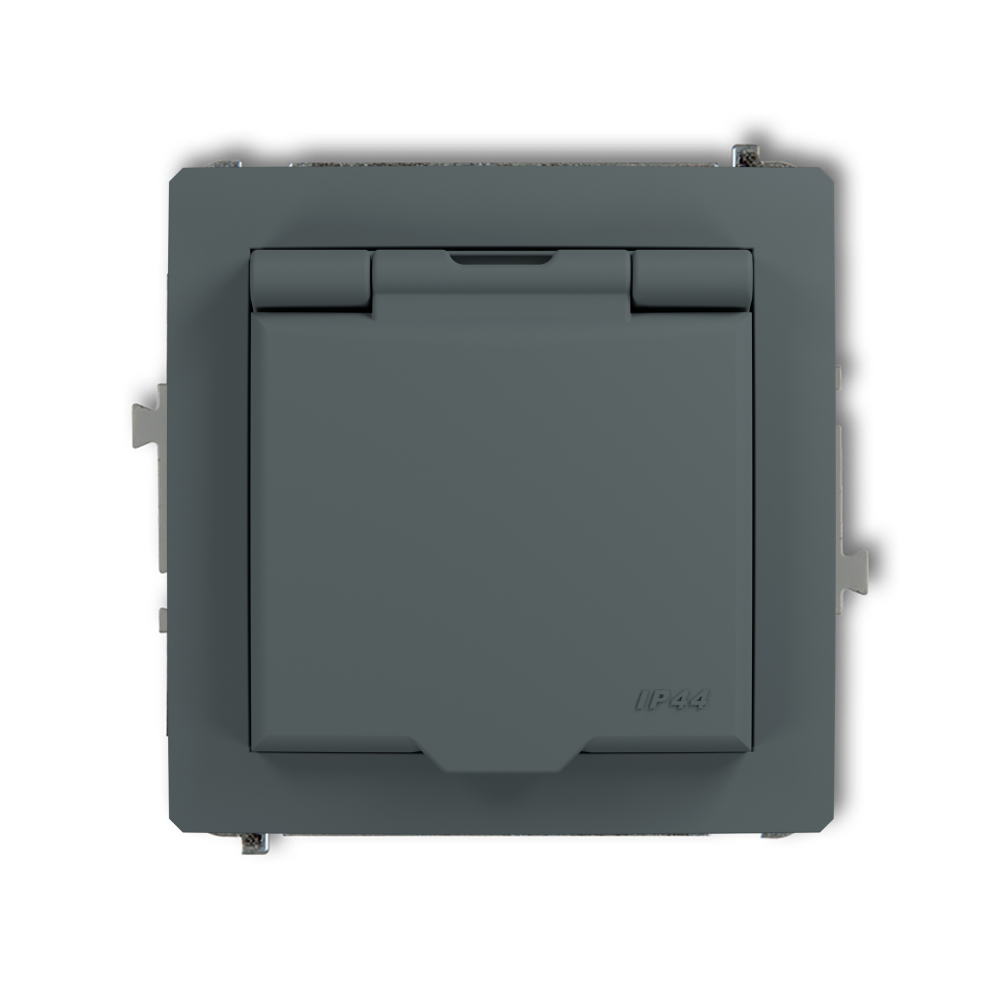 Mechanizm gniazda bryzgoszczelnego z uziemieniem 2P+Z (klapka grafitowy mat, przesłony torów prądowych) podtynkowy IP 44, 16A 250V~ DECO grafitowy mat - 28DGPB-1zp - KARLIK