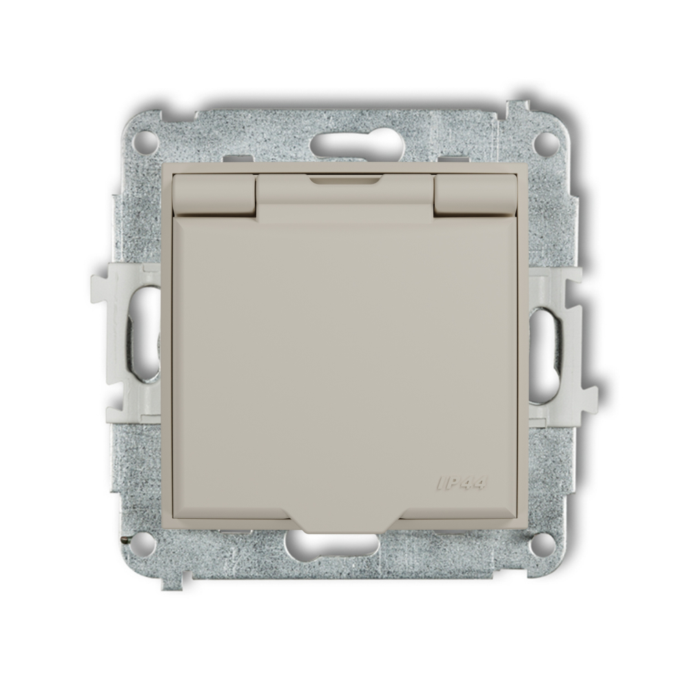 Mechanizm gniazda bryzgoszczelnego z uziemieniem 2P+Z (klapka biały mat, przesłony torów prądowych) podtynkowy IP 44, 16A 250V~ MINI taupe - 60IGPB-1zp - KARLIK