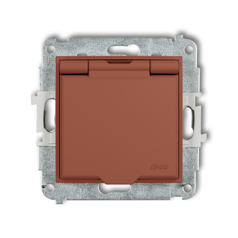 Mechanizm gniazda bryzgoszczelnego z uziemieniem 2P+Z (klapka terakota, przesłony torów prądowych) podtynkowy IP 44, 16A 250V~ MINI terakota - 63MGPB-1zp - KARLIK