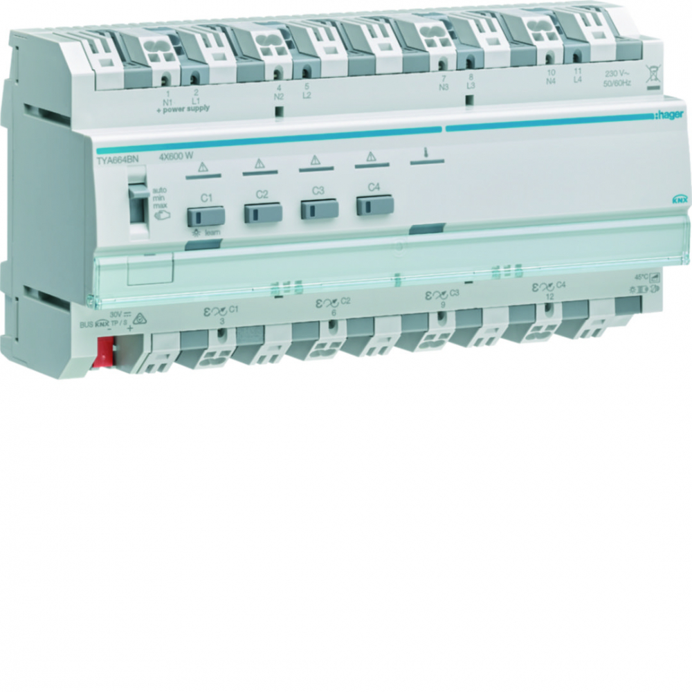 KNX system Ściemniacz uniwersalny 4-kan 4x600 W, wielofazowy, f. sumowania obc. - TYA664BN - HAGER