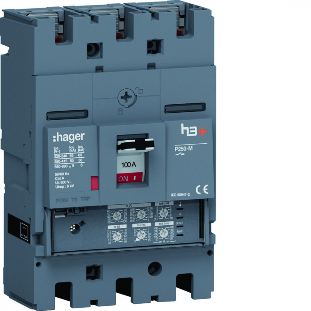MCCB Wyłącznik mocy h3+ P250 3P 100A 50kA LSI - HMT100JR - HAGER