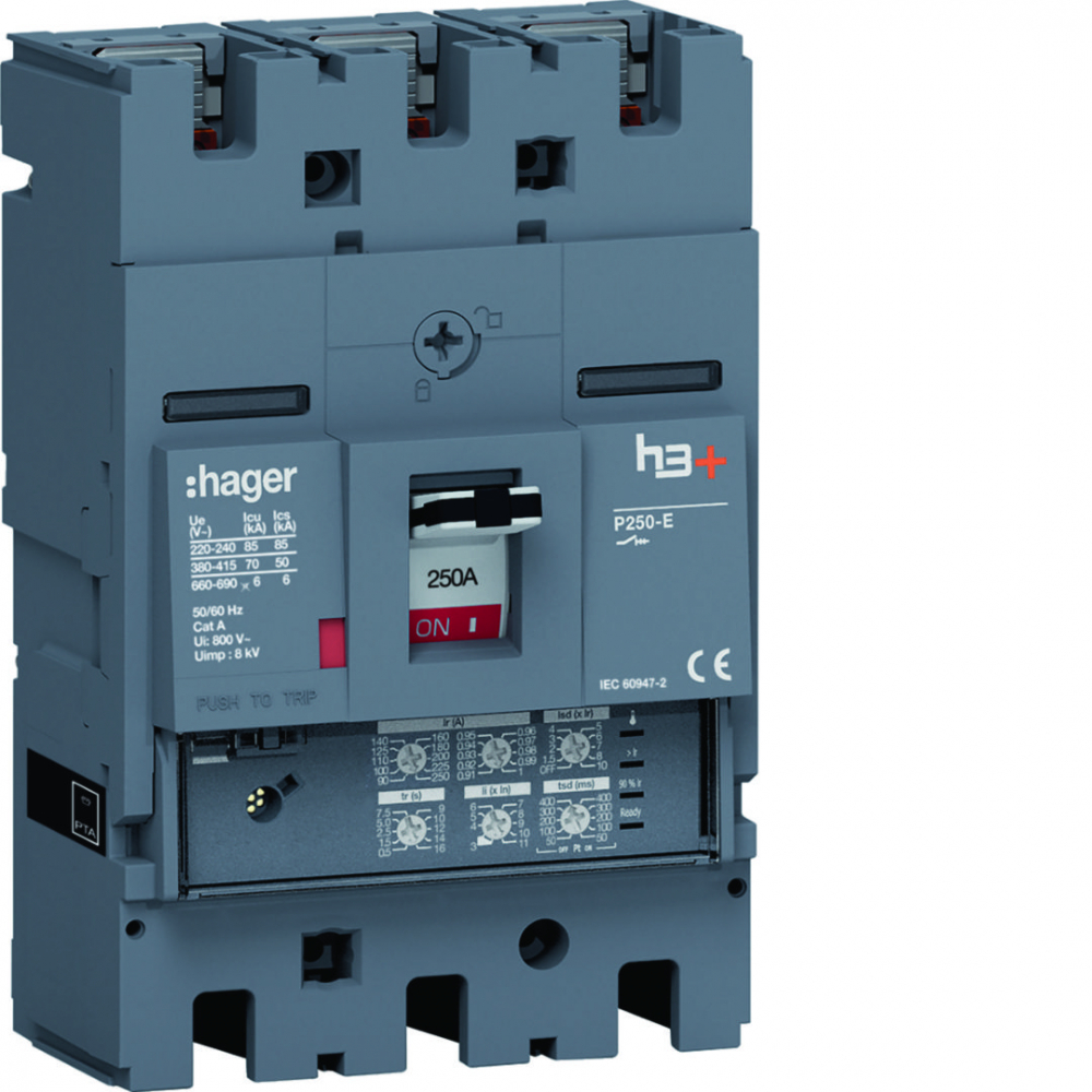 MCCB Wyłącznik mocy h3+ P250 3P 250A 70kA LSI - HET250JR - HAGER