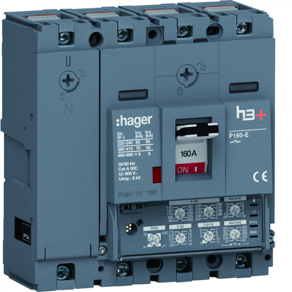 MCCB Wyłącznik mocy h3+ P160 4P 160A 70kA LSI - HES161JC - HAGER