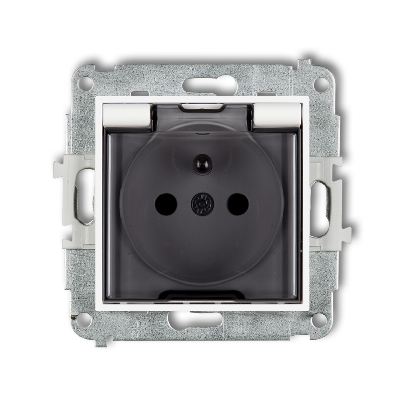 Mechanizm gniazda bryzgoszczelnego z uziemieniem 2P+Z (klapka dymna, przesłony torów prądowych) podtynkowy IP 44, 16A 250V~ MINI biały mat - 25MGPB-1zdp - KARLIK