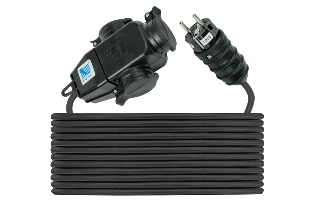 Trójnik 3x250V, 16A, z wtyczką i przewodem gumowym H05RR F 3x1,5 - 10m, IP 44 - D.3174-10 - PAWBOL