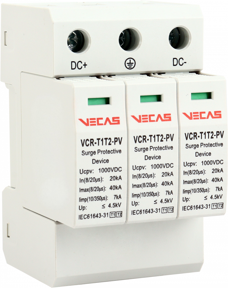 Ogranicznik przepięć PV T1T2 (B+C) 1000V DC 7kA 4,5kV 3P - VCS-VCR-T1T2-PV-7-3P - VECAS
