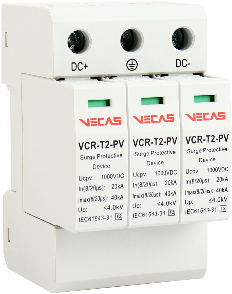 Ogranicznik przepięć PV T2 (C) 1000V DC 20kA 4,0kV 3P - VCS-VCR-T2-PV-3P - VECAS