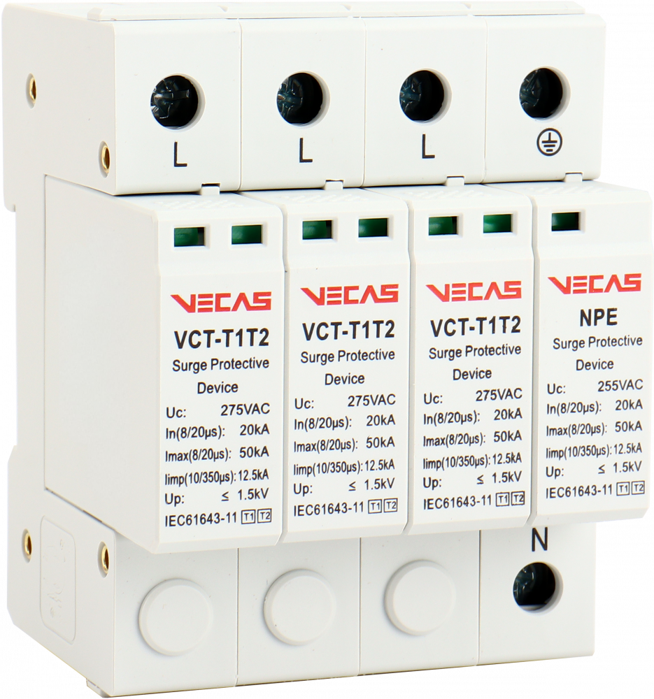 Ogranicznik przepięć T1T2 (B+C) 275V AC 12,5kA 1,5kV 3P+NPE - VCS-VCT-T1T2-AC-12.5-3+NPE - VECAS