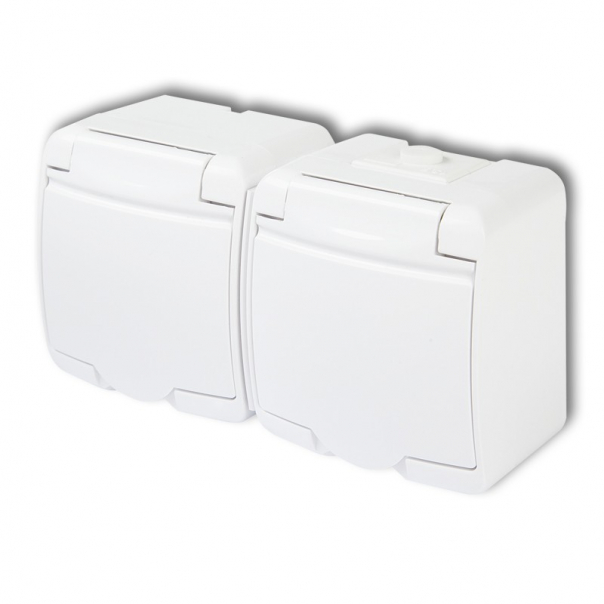 GNIAZDO PODWÓJNE Z UZIEMIENIEM 2X2P+Z HERMETYCZNE NATYNKOWE Z KLAPKĄ BIAŁĄ IP44 BIAŁY JUNIOR - GHE-2 - KARLIK