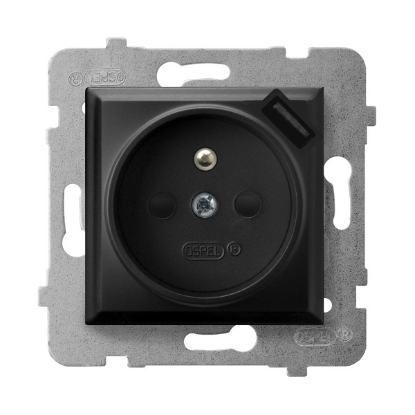 GNIAZDO POJEDYNCZE Z UZIEMIENIEM 2P+Z Z PRZESŁONAMI ZACISKI AUTOMATYCZNE Z ŁADOWARKĄ USB 16A/230 USB 5V/2.1A IP20 CZARNY METALIK ARIA - GP-1UZPUSB/m/33 - OSPEL