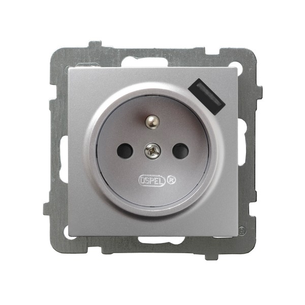 GNIAZDO POJEDYNCZE Z UZIEMIENIEM 2P+Z Z PRZESŁONAMI ZACISKI AUTOMATYCZNE Z ŁADOWARKĄ USB 16A/230 USB 5V/2.1A IP20 SREBRNY AS - GP-1GZPUSB/m/18 - OSPEL
