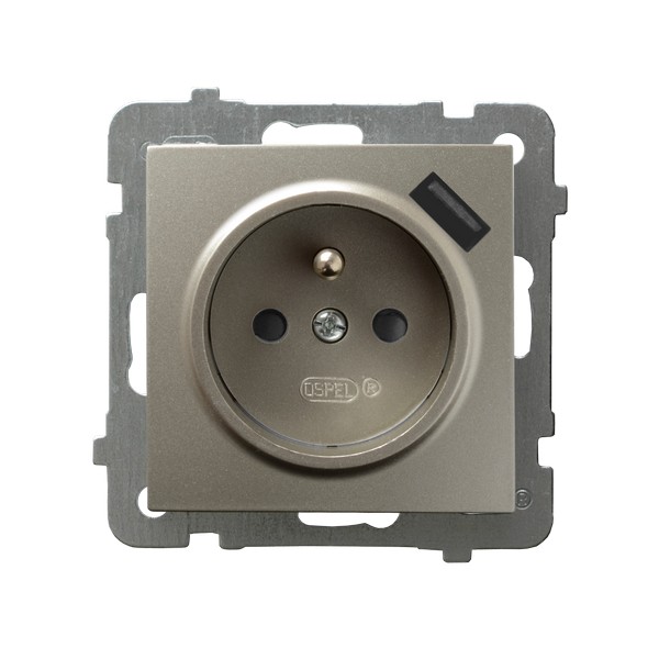 GNIAZDO POJEDYNCZE Z UZIEMIENIEM 2P+Z Z PRZESŁONAMI Z USB ZACISKI AUTOMATYCZNE 16A/230V USB 5V/2.1A IP20 SATYNOWY LIGHT AS - GP-1GZPUSB/m/45 - OSPEL