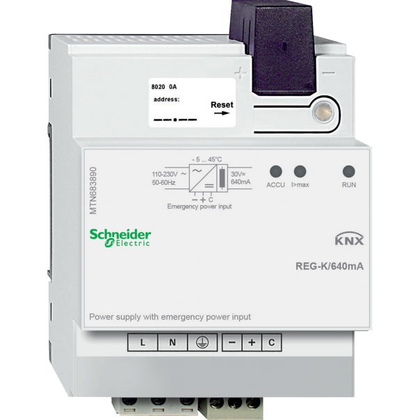 Zasilacz REG-K 640 mA jasnoszary do podłączenia zasilacza awaryjnego KNX. - MTN683890 - SCHNEIDER ELECTRIC