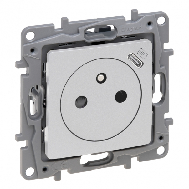 GNIAZDO POJEDYNCZE Z UZIEMIENIEM 2P+Z PŁASKIE+USB TYP C W PLAKIETCE Z PRZESŁONAMI ZACISKI AUTOMATYCZNE 16A 250V PERŁOWY NILOE SELECTION - 762496 - LEGRAND