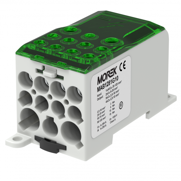 OJL280A zielony blok dystrybucyjny - rozdzielczy we. 1xAl/Cu120, wyj. 2x35/5x16/ 4x10mm2  1000VAC/DC - MAB1281G10 - MOREK