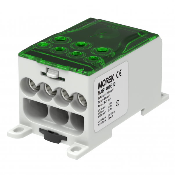 OJL400A zielony blok dystrybucyjny - rozdzielczy we. 1xAl/Cu240 wyj.  4x35/3x50mm2  1000VAC/DC - MAB1401G10 - MOREK