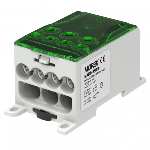 OJL400AF zielony blok dystrybucyjny - rozdzielczy we.  10x(1x25) wyj.  4x35/3X50mm2  1000VAC/DC wejście dla szyny elastycznej - MAB1403G10 - MOREK