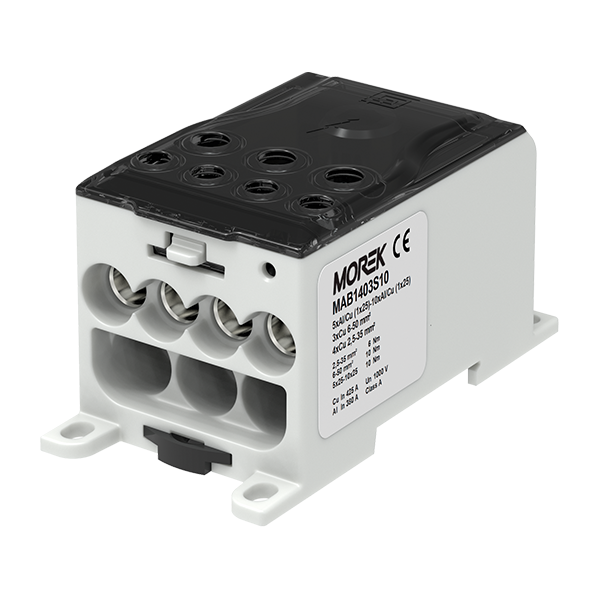 OJL400AF czarny blok dystrybucyjny - rozdzielczy we: 10x(1x25) wy: 4x35/3X50mm2  1000VAC/DC wejście dla szyny elastycznej - MAB1403S10 - MOREK