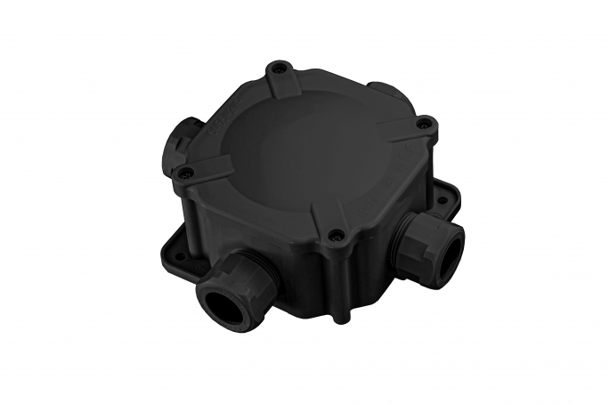 Puszka instalacyjna hermetyczna , 4x PG 21, 5 zacisków (5x6mm2), IP67, czarna, odporna na UV - A.0036C - PAWBOL