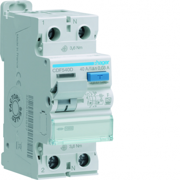 RCCB Wyłącznik różnicowoprądowy 1P+N 40A 30mA 10kA F - CDF540D - HAGER