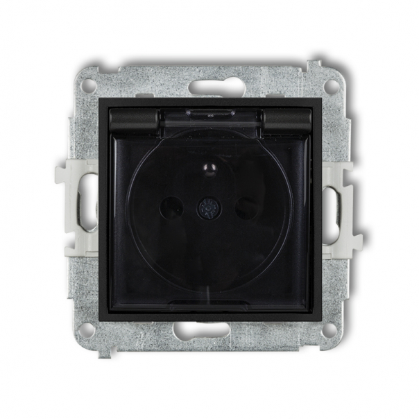 Mechanizm gniazda bryzgoszczelnego z uziemieniem 2P+Z (klapka dymna, przesłony torów prądowych) podtynkowy IP 44, 16A 250V~ ICON czarny mat - 12IGPB-1zdp - KARLIK
