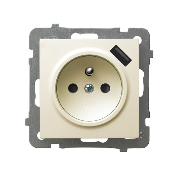 Gniazdo pojedyncze z uziemieniem z przesłonami torów prądowych, z ładowarką USB 16A/230~,USB 5V/2,1A, IP-20, zac.bezgw. ECRU AS - GP-1GZPUSB/m/27 - OSPEL