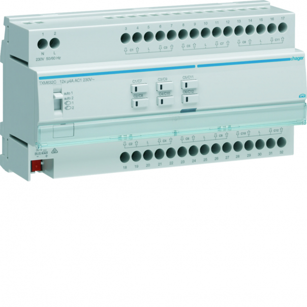 Sterownik żaluzjowy/roletowy, 12-krotny, 230 V AC, 10 moduułów KNX e/s. - TXM632C - HAGER