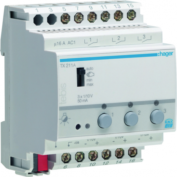 ŚCIEMNIACZ ZAŁĄCZAJĄCY 1X10V 50 MA 3-KANAŁOWY 4 MODUŁY KNX RF  - TX211A - HAGER