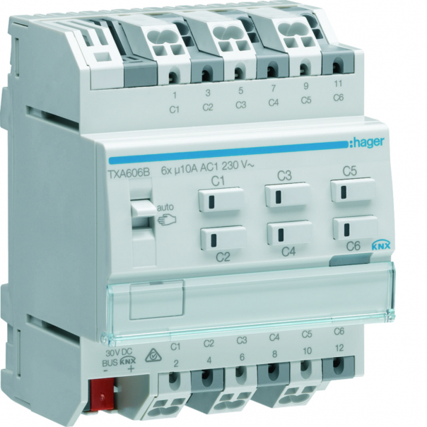 KNX e/s Sterownik załączający/żaluzjowy 10 A, 6-/3-krotny - TXA606B - HAGER