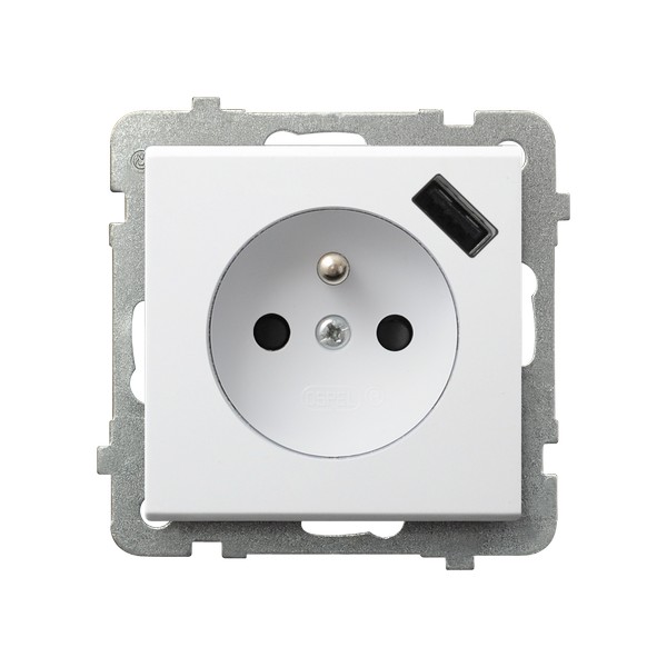 Gniazdo pojedyncze z uziemieniem z przesłonami torów prądowych, z ładowarką USB 16A/230~,USB 5V/2,1A, IP-20, zac.bezgw. BIAŁY MAT SONATA - GP-1RZPUSB/m/75 - OSPEL