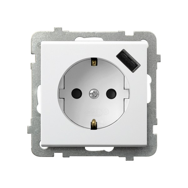 Gniazdo pojedyncze z uziemieniem schuko z przesłonami torów prądowych, z ładowarką USB 16A/230~,USB 5V/2,1A, IP-20, zac.bezgw. BIAŁY MAT SONATA - GP-1RSPUSB/m/75 - OSPEL