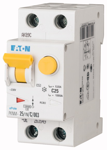 WYŁĄCZNIK KOMBINOWANY 10KA, IN=25A, I?N=0,3A, CHAR. C, TYP AC, 1+N BIEG. SERIA PKNM PKNM-25/1N/C/03-MW - 236277 - EATON