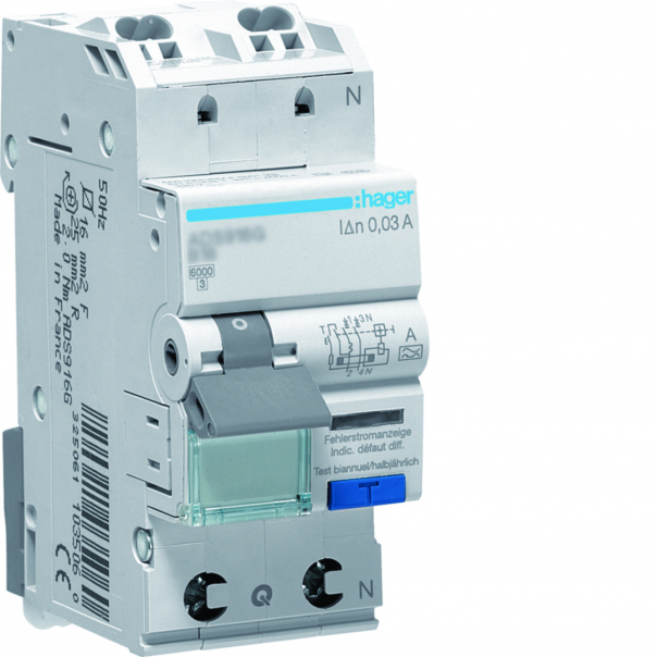 RCBO Wyłącznik różnicowoprądowy z członem nadprąd. 1P+N 6kA B 20A/30mA Typ A QC - ADS920D - HAGER