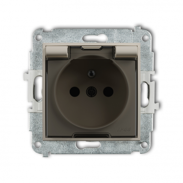 Mechanizm gniazda bryzgoszczelnego z uziemieniem 2P+Z (klapka dymna, przesłony torów prądowych) podtynkowy IP 44, 16A 250V~ MINI taupe - 60MGPB-1zdp - KARLIK