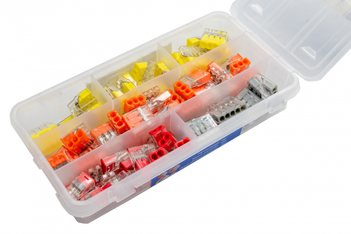 Zestaw 100szt Szybkozłączek (25sztx2, 40sztx3, 25sztx4, 10sztx5)  do 2,5mm2 w organizerze - E.4189 - PAWBOL