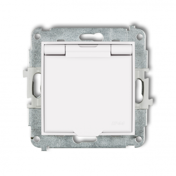 Mechanizm gniazda bryzgoszczelnego z uziemieniem 2P+Z (klapka biały mat, przesłony torów prądowych) podtynkowy IP 44, 16A 250V~ MINI biały mat - 25MGPB-1zp - KARLIK