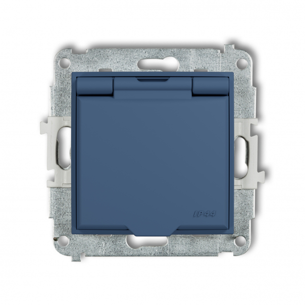 Mechanizm gniazda bryzgoszczelnego z uziemieniem 2P+Z (klapka navy blue, przesłony torów prądowych) podtynkowy IP 44, 16A 250V~ MINI navy blue - 64MGPB-1zp - KARLIK