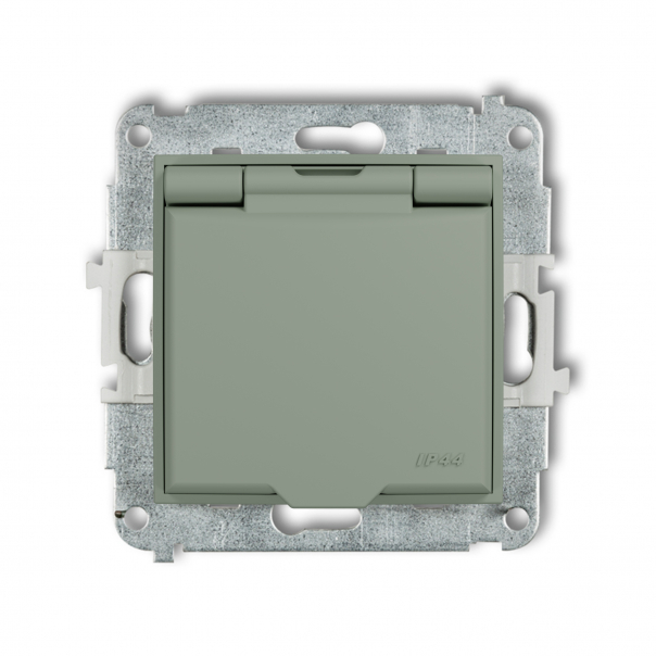 Mechanizm gniazda bryzgoszczelnego z uziemieniem 2P+Z (klapka szałwiowa, przesłony torów prądowych) podtynkowy IP 44, 16A 250V~ MINI szałwiowy - 61MGPB-1zp - KARLIK