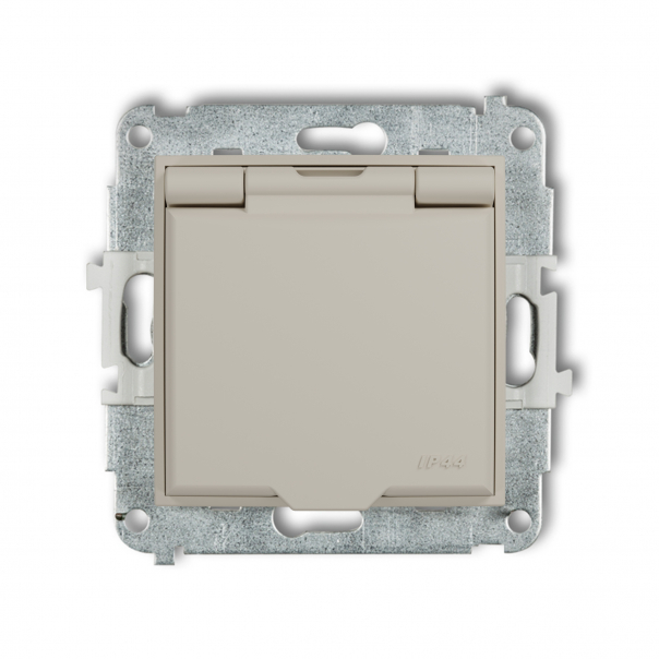 Mechanizm gniazda bryzgoszczelnego z uziemieniem 2P+Z (klapka biały mat, przesłony torów prądowych) podtynkowy IP 44, 16A 250V~ MINI taupe - 60IGPB-1zp - KARLIK
