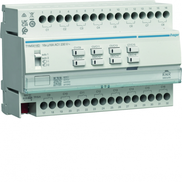 KNX e/s Sterownik załączający/żaluzjowy 16-/8-krotny 16A C-load, KNX secure - TYMS616D - HAGER